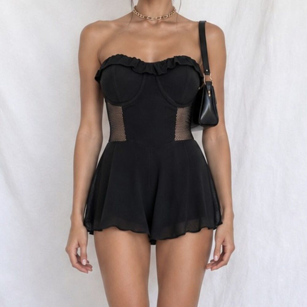 Vintage Y2K Navy Blue Bustier Strapless Sheer Mesh Ruffle Romper Dress Size S